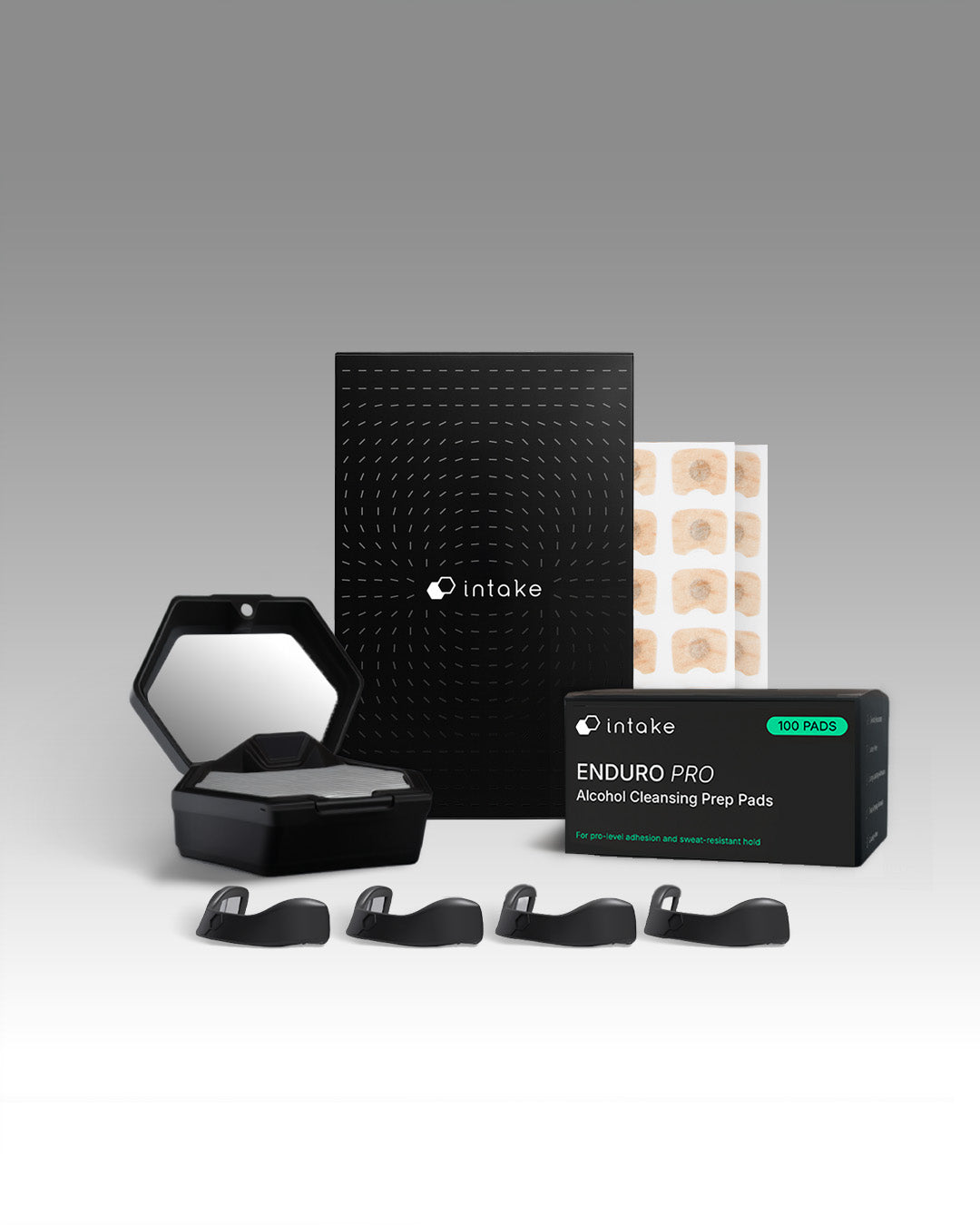 Intake Starter Kit Bundle, black: Intake box, tab sheets, four black bands, hexagonal travel case with mirror and Enduro Pro prep pads