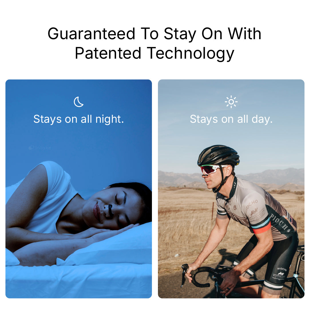 Two images showing a person sleeping with 'Stays on all night.' text and a cyclist with 'Stays on all day.