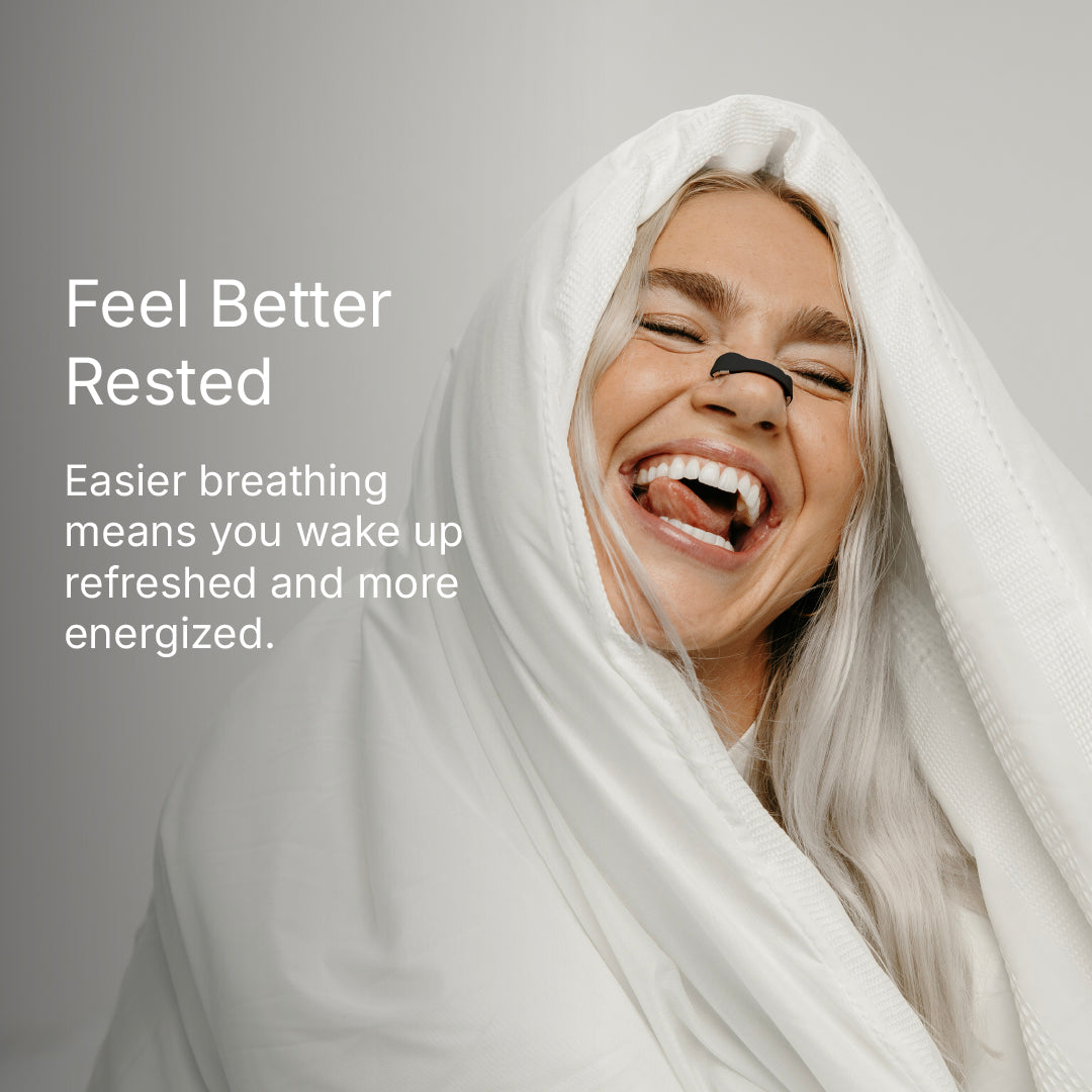 Woman wrapped in a white blanket with text about easier breathing and feeling rested.