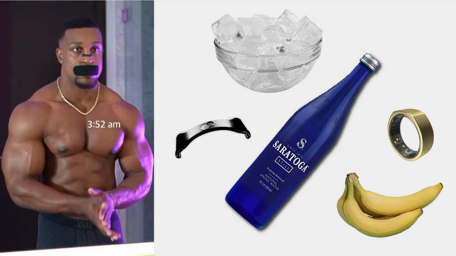 A bright, visually appealing thumbnail featuring a Saratoga Spring Water bottle, bowl of ice cubes, bananas, an Oura Ring, and Intake Breathing nasal strips, representing Ashton Hall’s viral wellness routine.