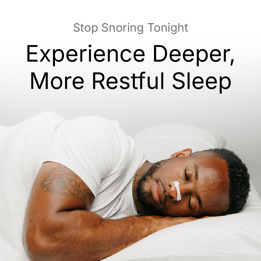 Man sleeping with an Intake magnetic nasal strip on his nose, text 'Stop Snoring Tonight Experience Deeper, More Restful Sleep' above.