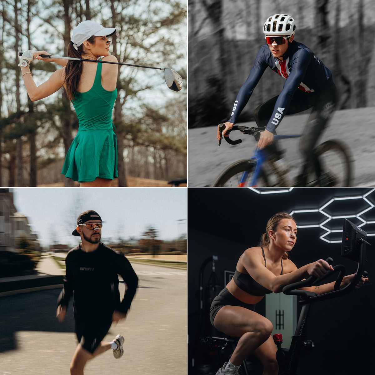 Athletes wearing Intake Sport Tabs while golfing, cycling, running, and training