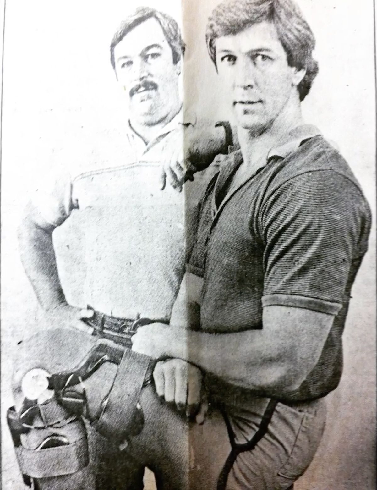 Newspaper clipping of Jim Castillo in the early 1980s with the knee brace he built